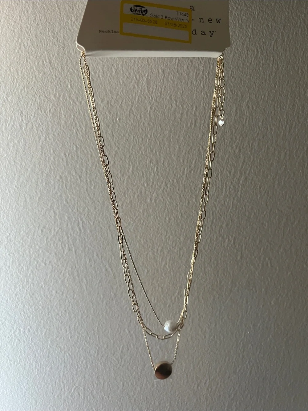 a new day Gold-Tone 3 Layered Necklace with Pearl and gold Charms